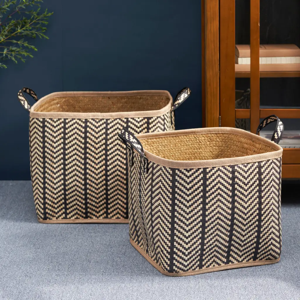 Square Palm Leaf Woven Wicker Storage Bin Handles Set 2 14 Inch sol