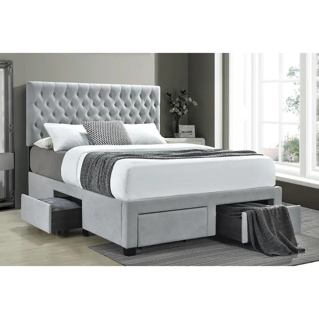 Light Grey Tufted 4 Drawer Queen Storage Bed Box Spring Not Required furniture max