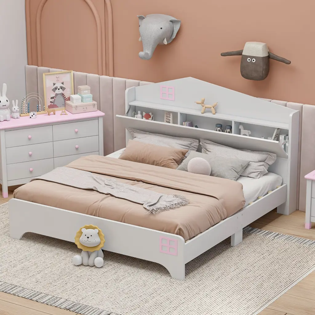 Wooden Full Size Houtilize Bed Storage Headboard Kids Bed homey life