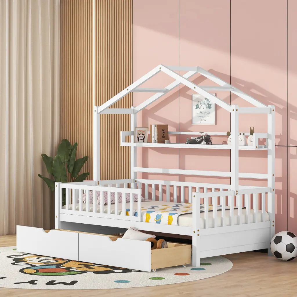 Wooden Twin Size Houtilize Bed 2 Drawers And Storage Shelf Kids homey life
