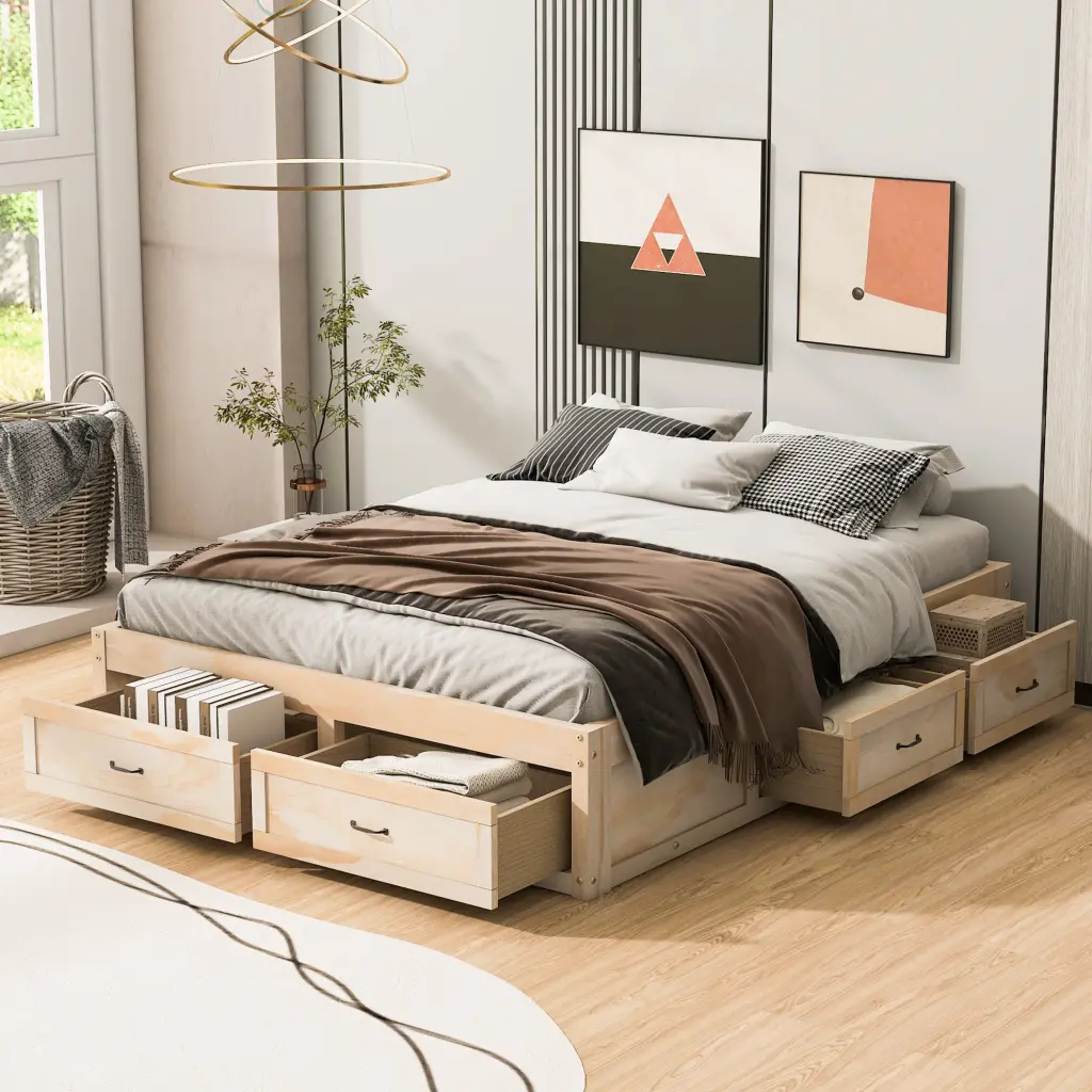 Queen Size Platform Bed 6 Storage Drawers Antique Natural Finish lucky furniture
