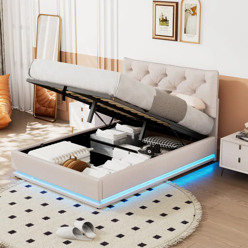 Full Size Upholstered Bed Hydraulic Storage System and LED Lights lucky world