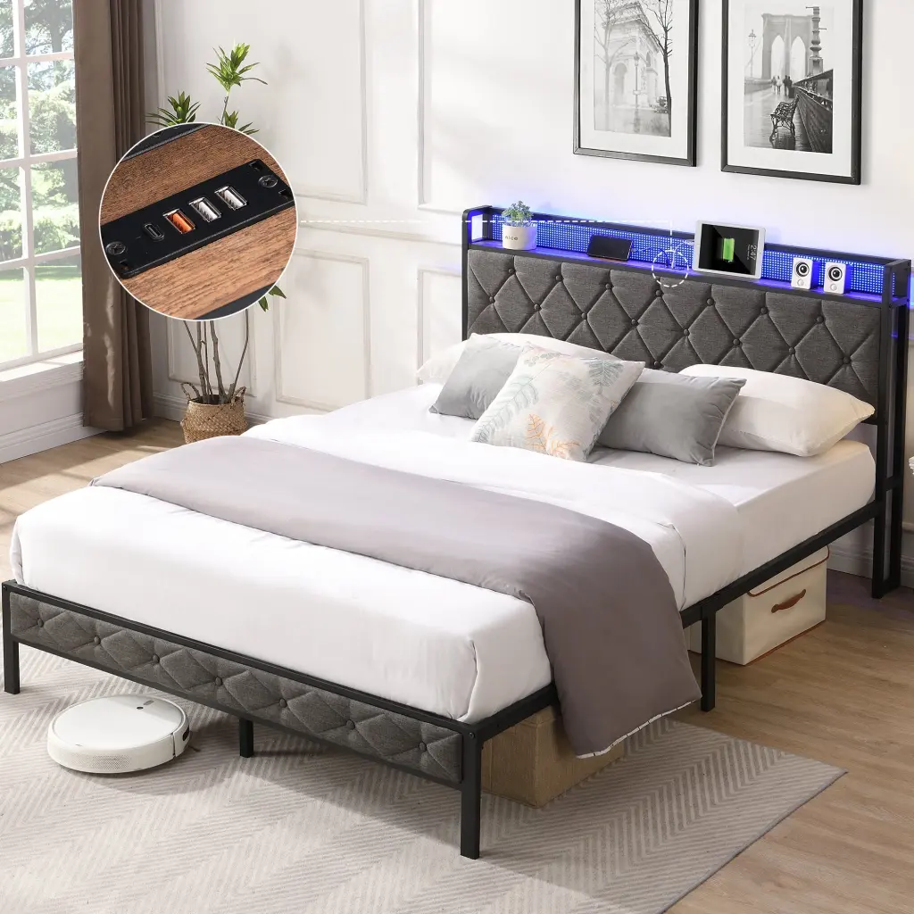 Queen Bed Frame Storage Headboard Charging Station And LED Light wr furniture