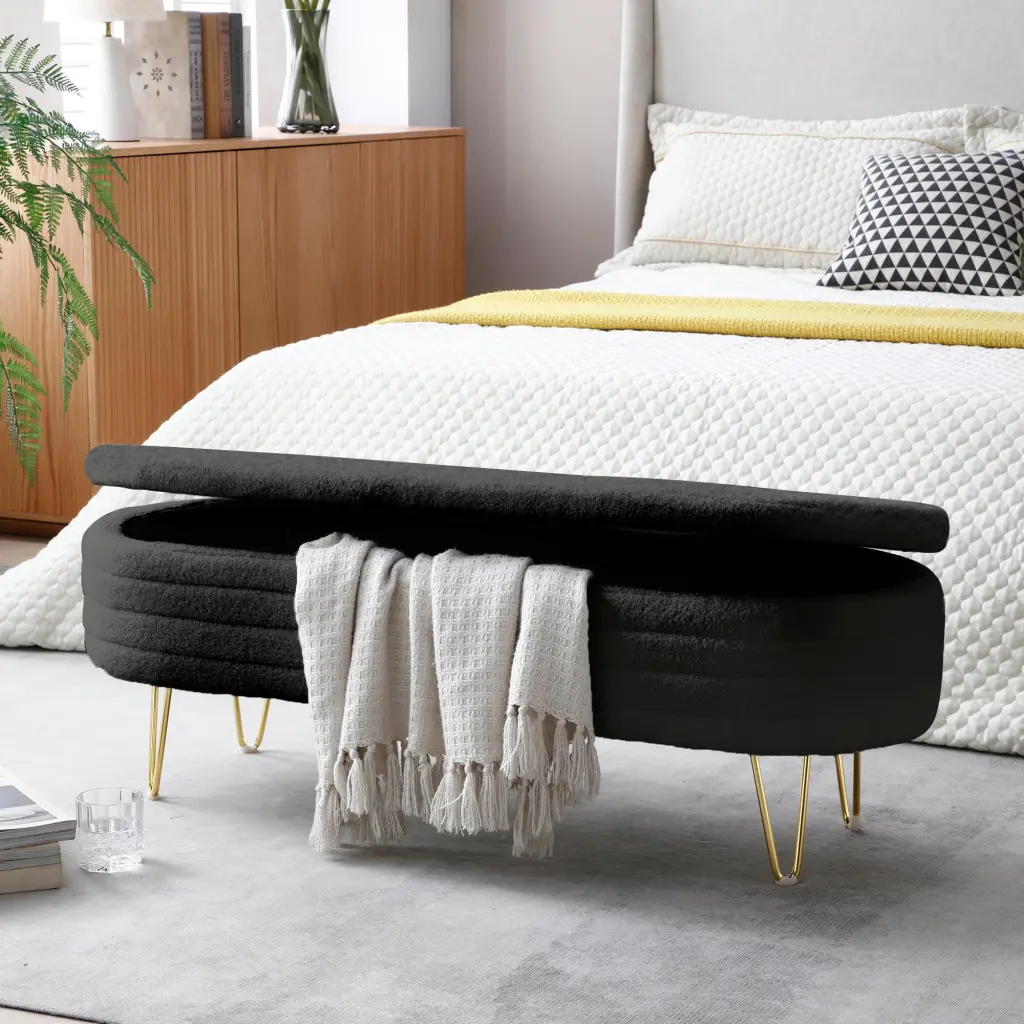 46.9 Inch Oval Storage Bench Gold Legs Teddy Fabric Upholstered aijiafurniture