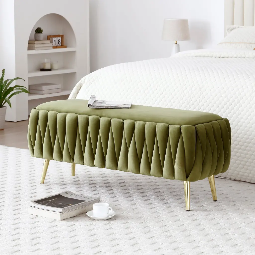 Oval Storage Bench Gold Legs Velvet Fabric Upholstered Ottoman aijiafurniture