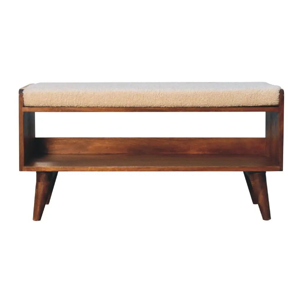 Boucle Nordic Storage Bench Chestnut Foam and Wood Fabric artisan furniture