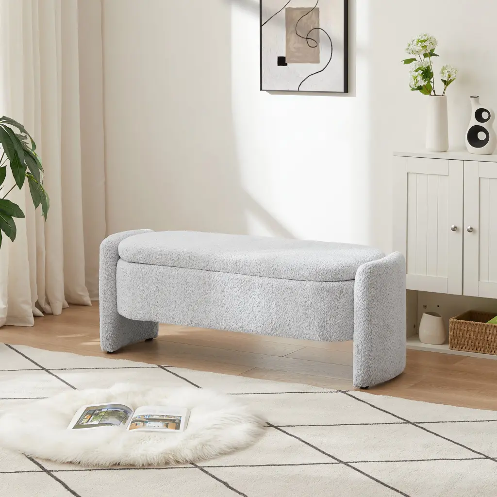 Oval Storage Bench 3D Lamb Fleece Fabric Bench Large Storage Capacity fj furniture