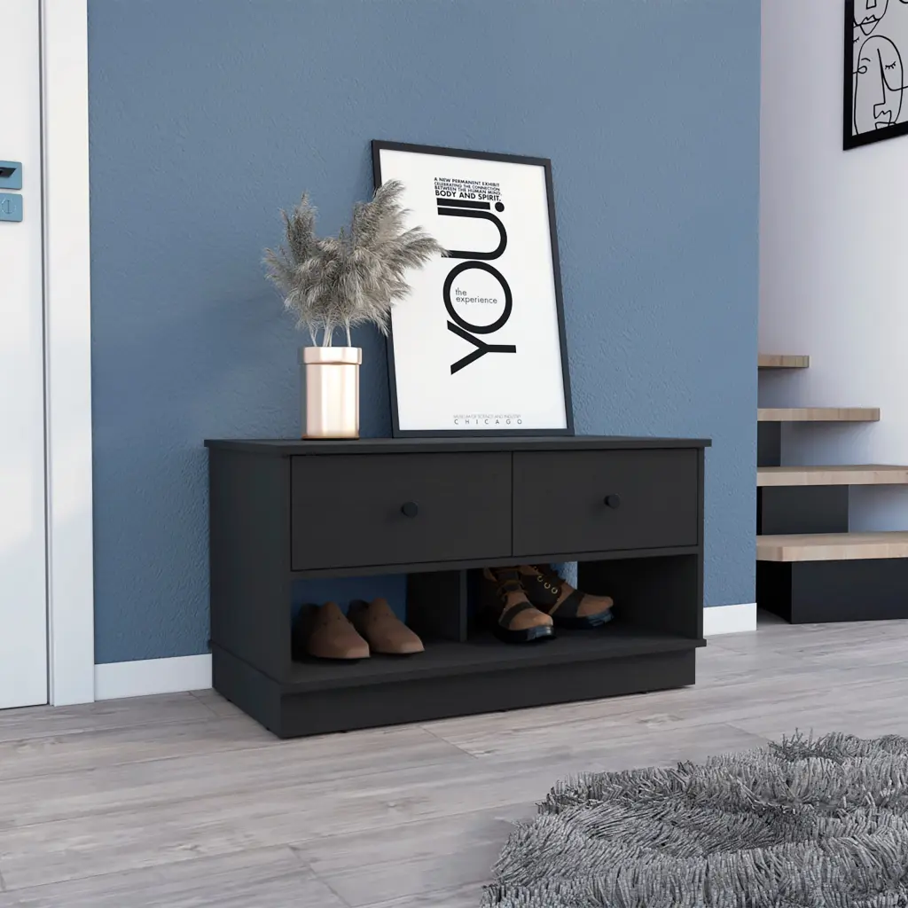 Willamette Rectangle 2 Shelf 2 Drawer Storage Bench Black Wengue furniture max