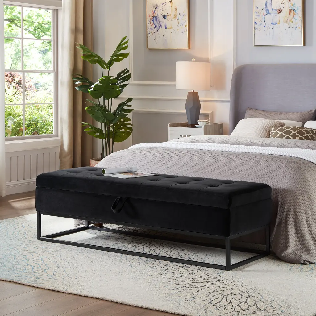 58.6 Inch Bed Bench Storage Black Velvet Upholstery hdf store