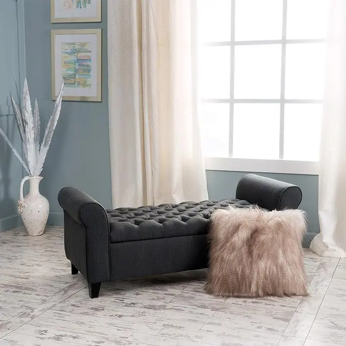 Hayes Armed Storage Bench Dark Gray Fabric Entryway or Bedroom nh-an