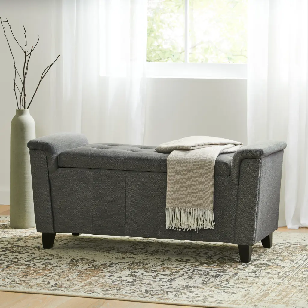 Alden Armed Storage Bench Gray Fabric - Multipurpose Entryway Seating Hidden Storage nh-cloudhouse