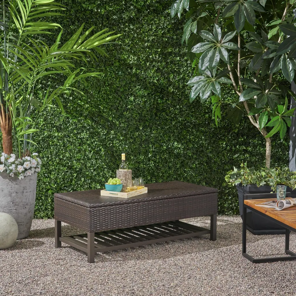 Brown Multi Rattan Regent Storage Bench Metal Rack Entryway Furniture nh-gardenpara