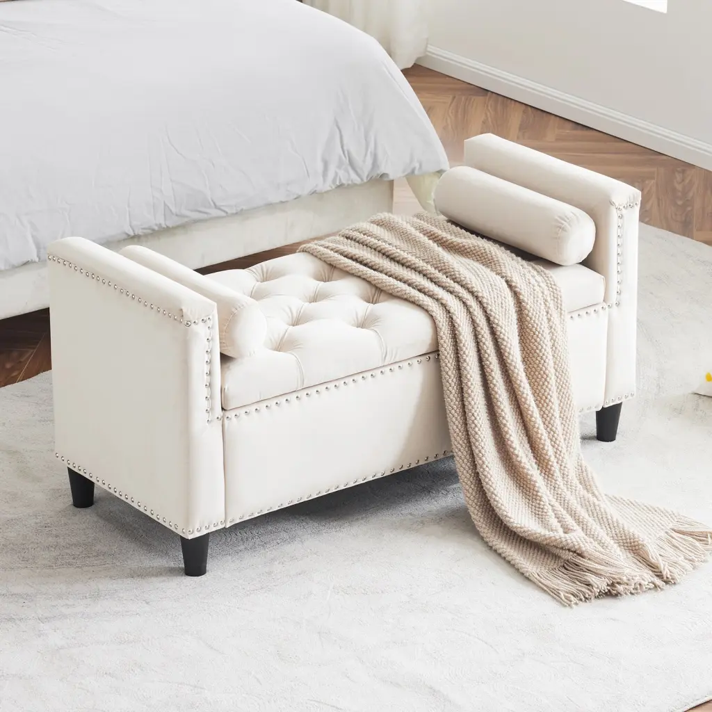44.5 Inch Queen Velvet Button Storage Bench Entryway rnb