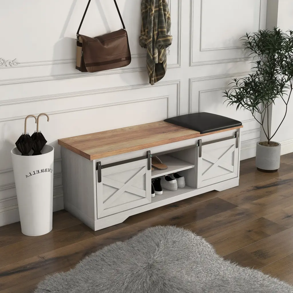 47 Inch Modern Farmhouse Sliding Barn Door Litterbox Bench Entryway Storage rnb