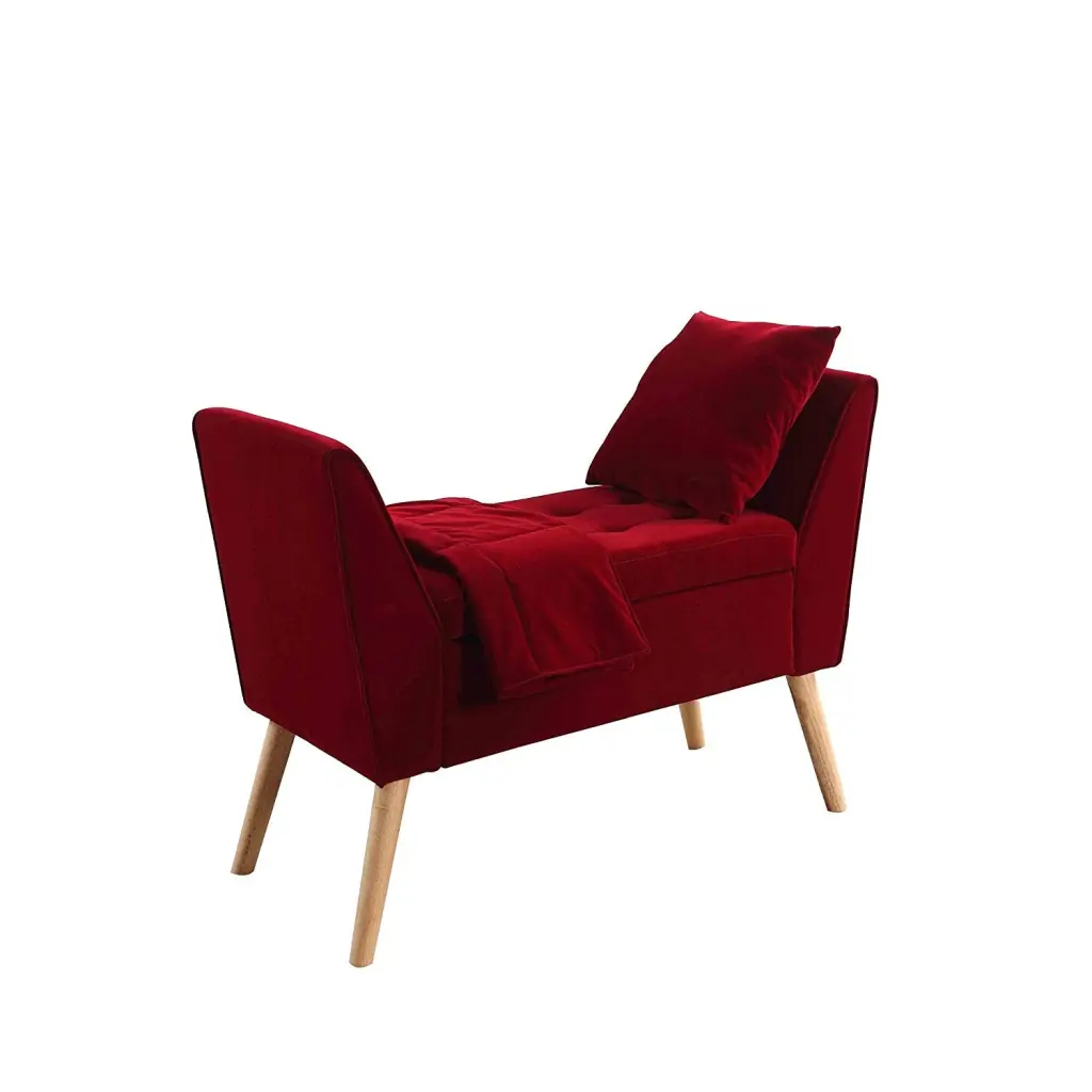 Button Tufted Red Wooden Storage Bench Pillow and Blanket royal hampton