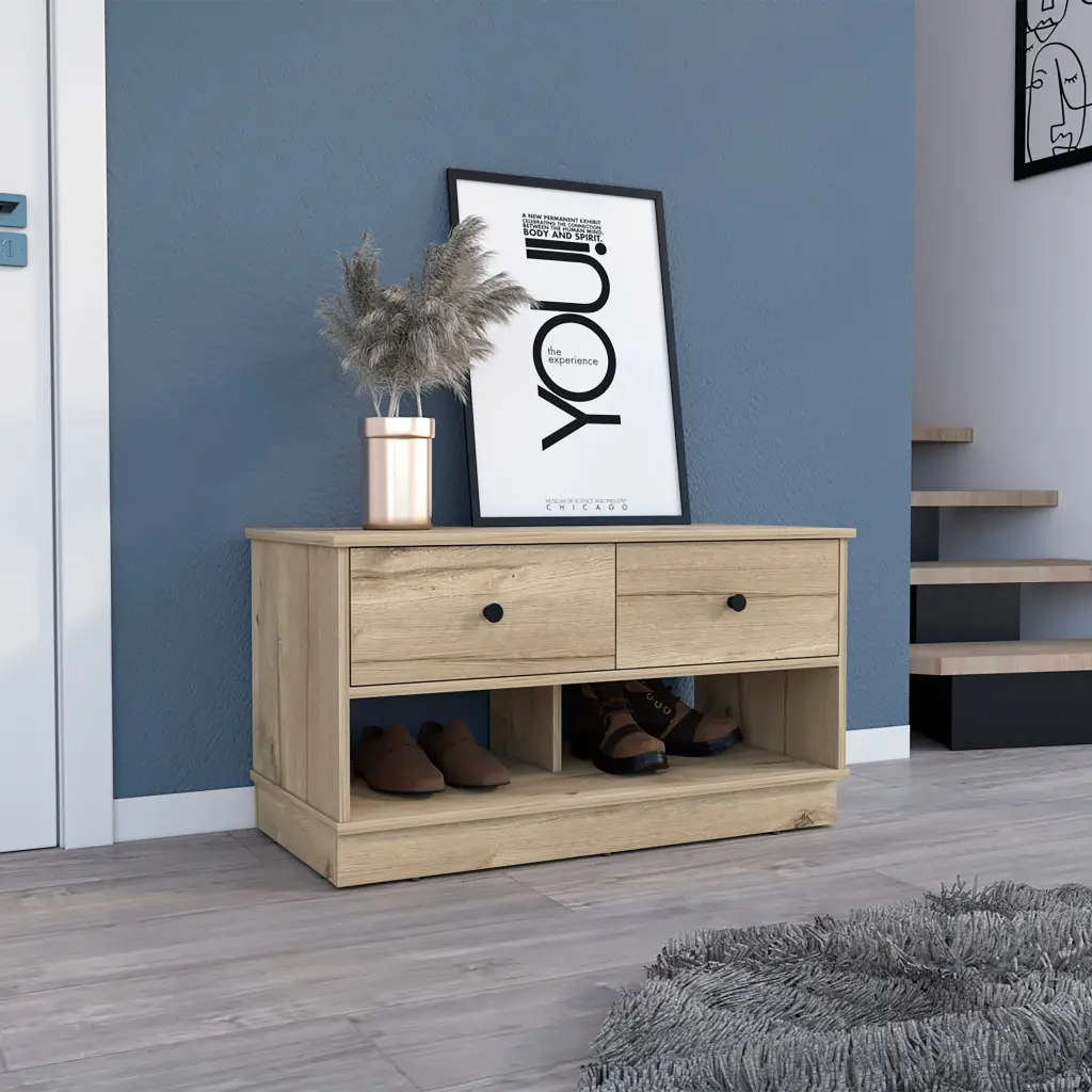 Storage Bench Beji Lower Shelf and Two Drawers Light Oak Finish treevol furniture