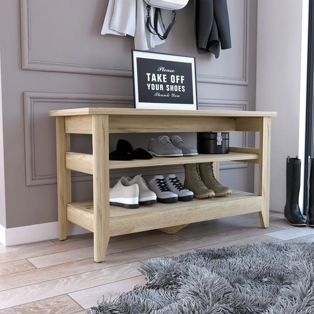 Storage Bench Susho Upper And Lower Shelf Light Oak Finish Entryway Furniture treevol furniture