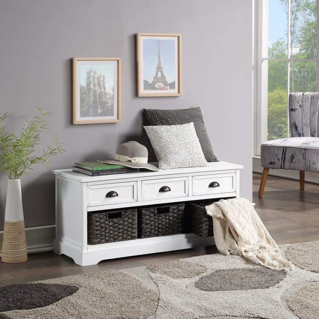 Homes Gatherion Wood Storage Bench 3 Drawers and 3 Woven Bins Entryway Furniture u_style