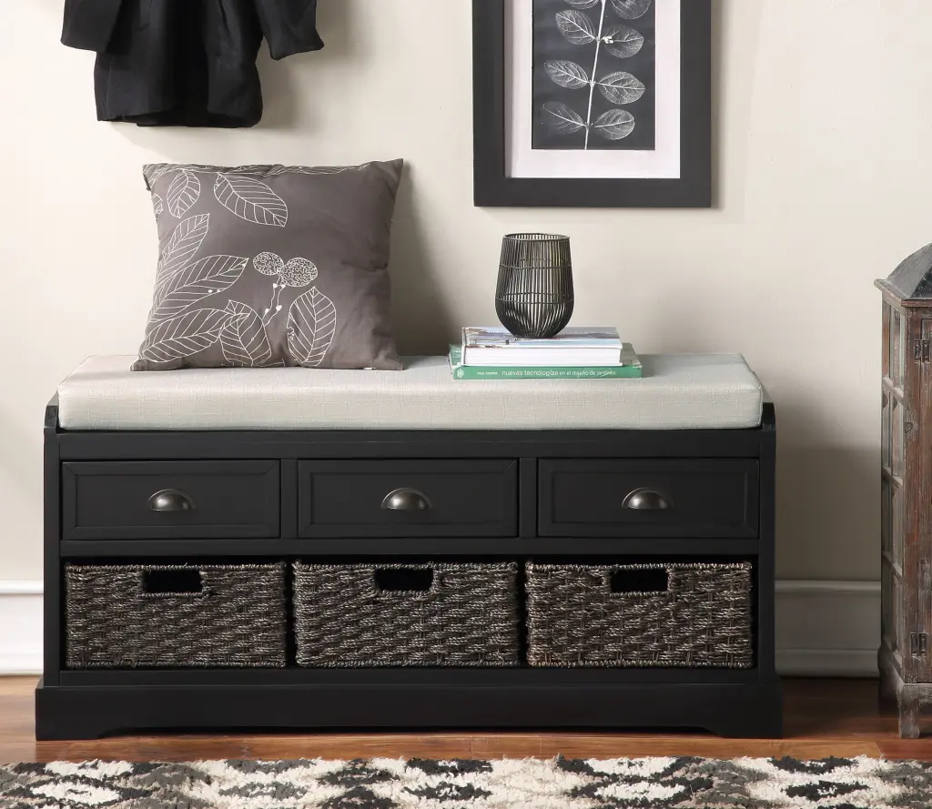 Homes Gatherion Wood Storage Bench 3 Drawers and 3 Bins Black u_style