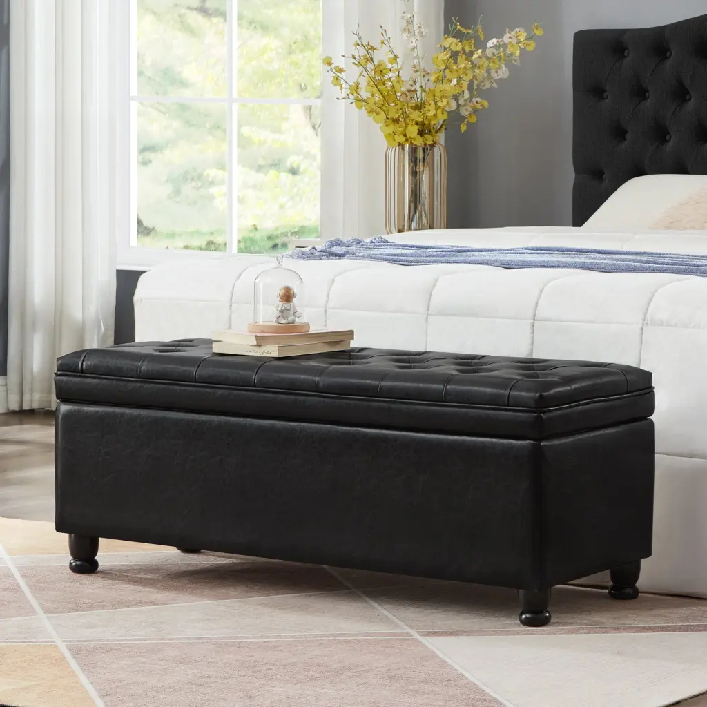 Upholstered Tufted Button Storage Bench, Faux Leather Entry Bench wm home furniture