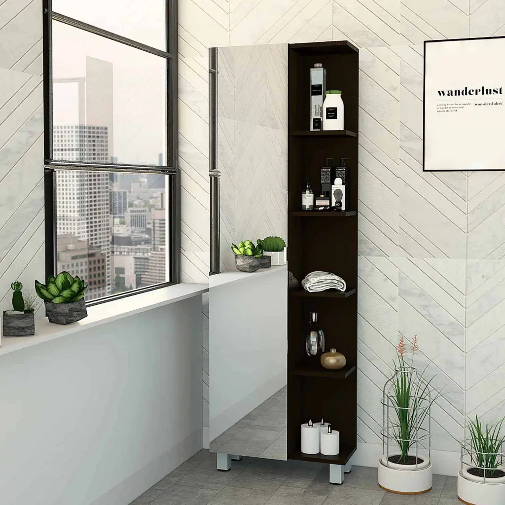 Black Wengue 5 Shelf Linen Cabinet Mirror Particle Board Storage furniture max