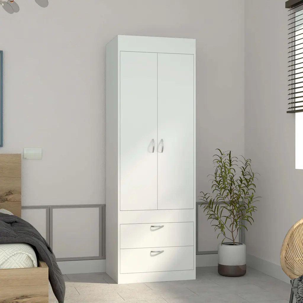 Armoire 70H Double Door Cabinet Two Drawers Metal Handles Rod White rta mubles colombia