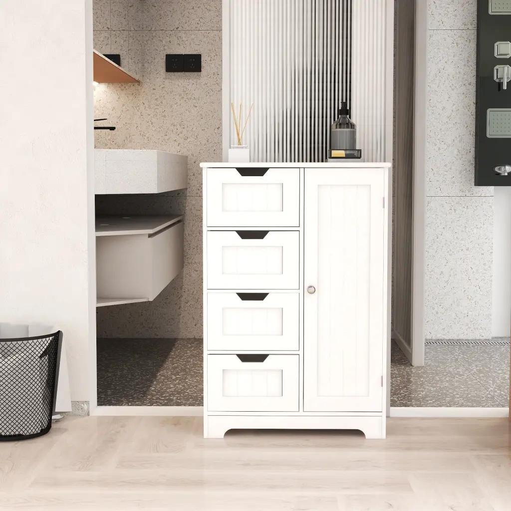 White Freestanding Floor Storage Cabinet Adjustable Shelves and 4 Doors cl worthy houseware co.-ltd.