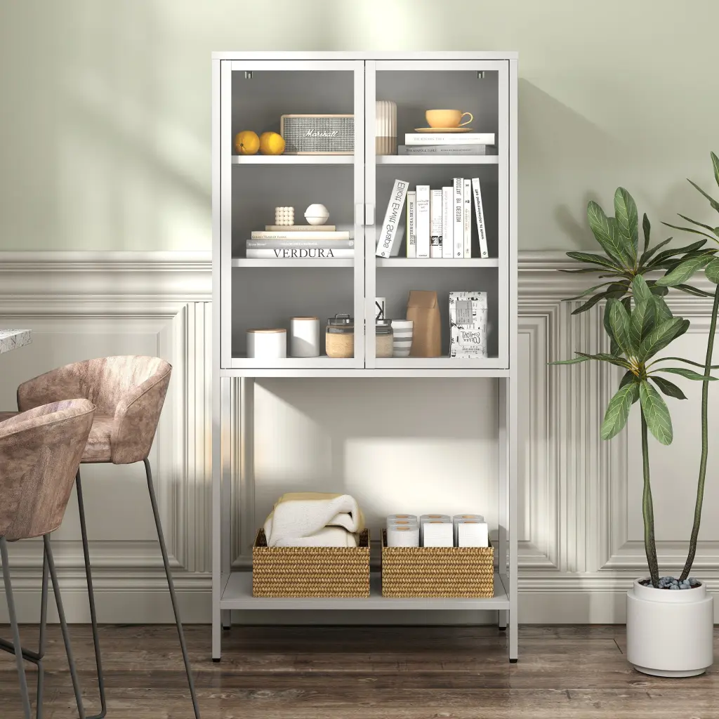 59 Inch Heavy Duty Metal Storage Cabinet Presentation Storage Cabinet Glass Doors makeace home furniture