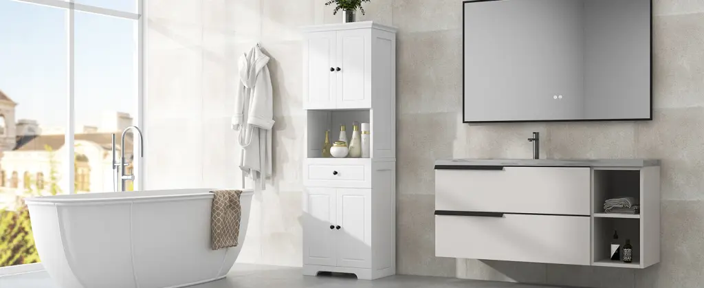 Tall Bathroom Cabinet Four Doors Large Storage Space Open Shelves rnb