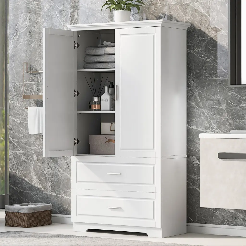Tall Bathroom Storage Cabinet Two Doors And Drawers Adjustable Shelves rnb