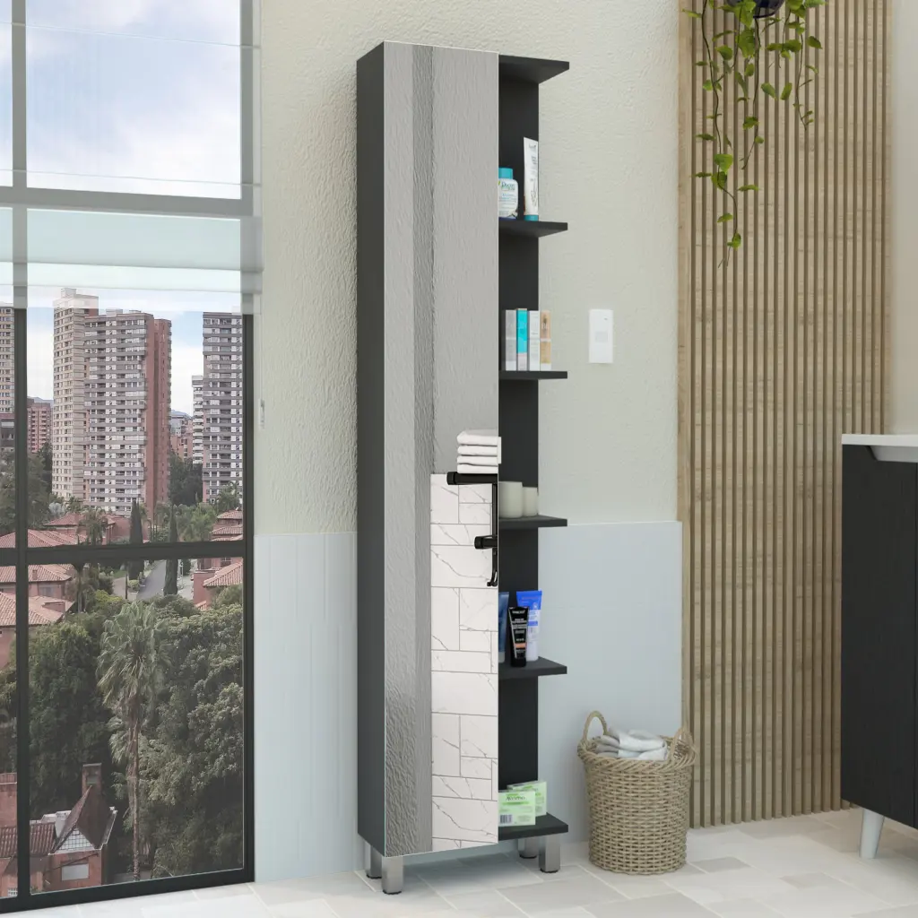 62 Inch Mirror Linen Single Door Cabinet Five External Shelves Four Interior rta mubles colombia
