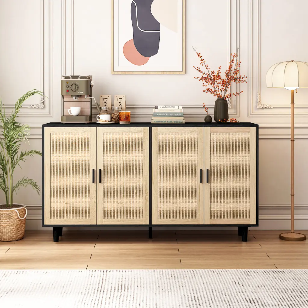 62.2 Inch Elegant 4-Door Rattan Storage Cabinet Home Decor and Practical Use spribung
