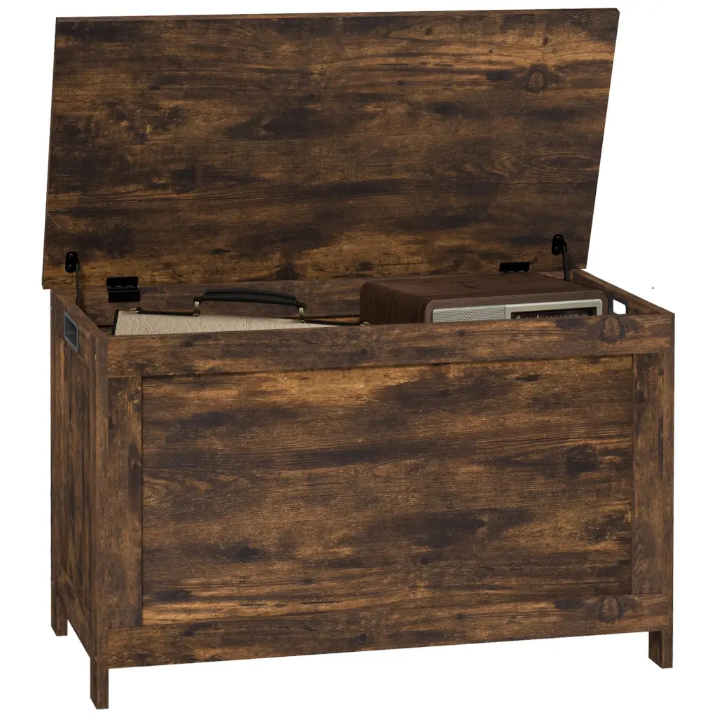 Homcom 29.9 Storage Chest W 2 Security Hinges Wooden Box Rustic Brown aosom business