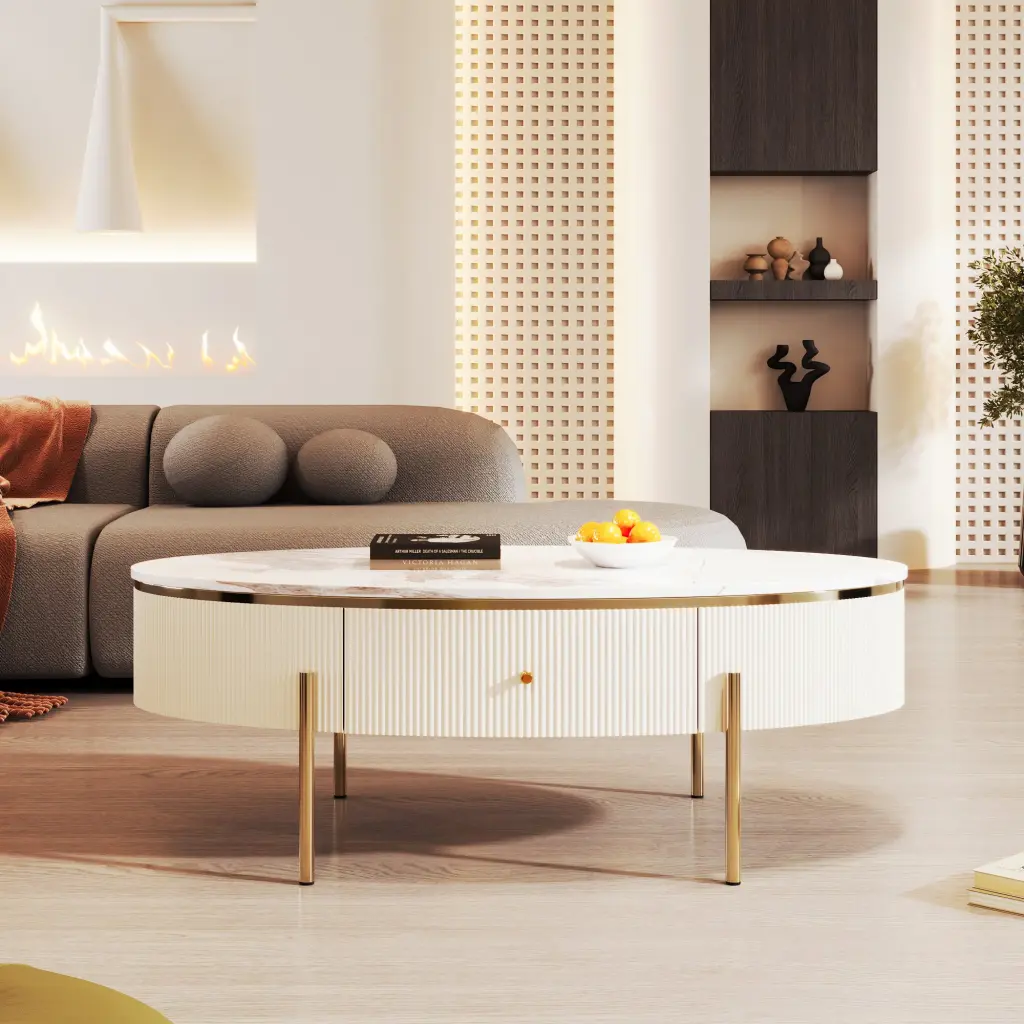 Modern Oval Coffee Table 2 Large Drawers Storage Accent Table Living Room rnb