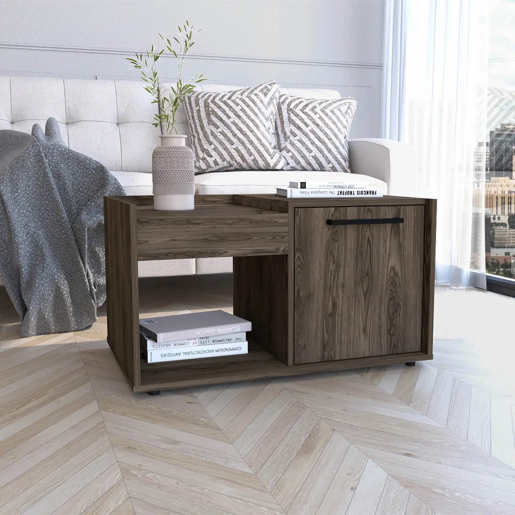 Lyon Coffee Table Single Door Cabinet Open Shelf Dark Walnut tuhome