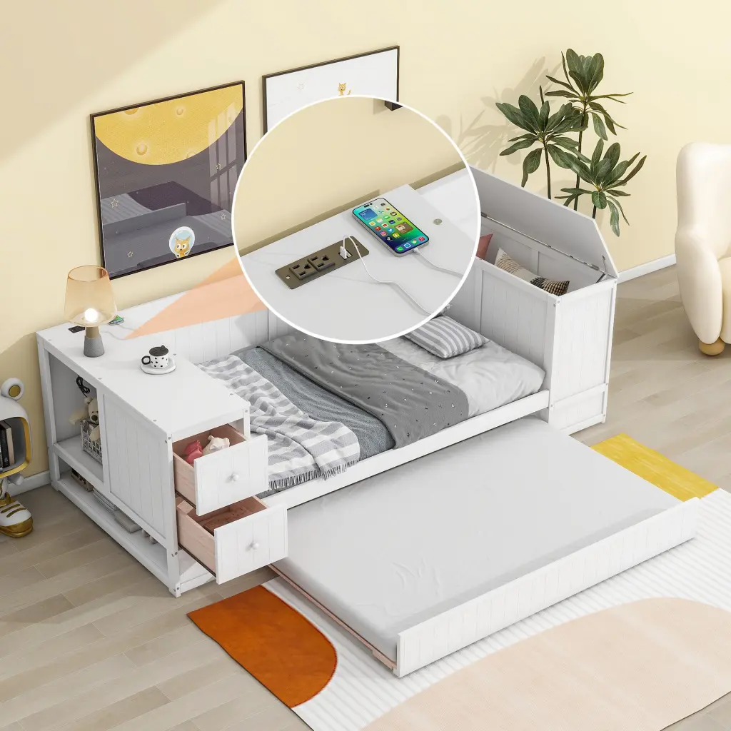 Twin Size Daybed Storage Arms, Trundle And Charging Station White wm store