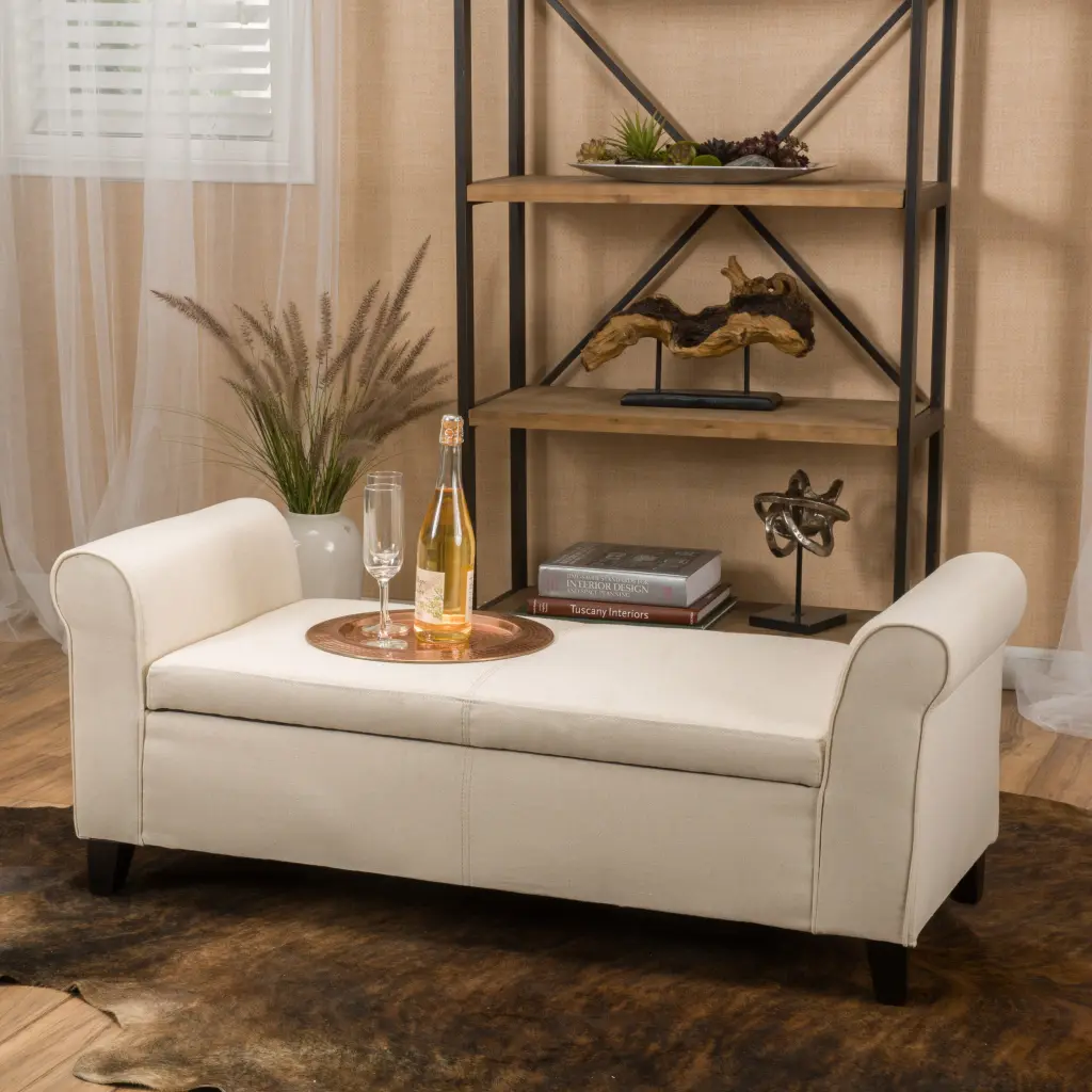 Hayes Armed Storage Bench Beige Fabric Living Room Storage Seat nh-perfect home