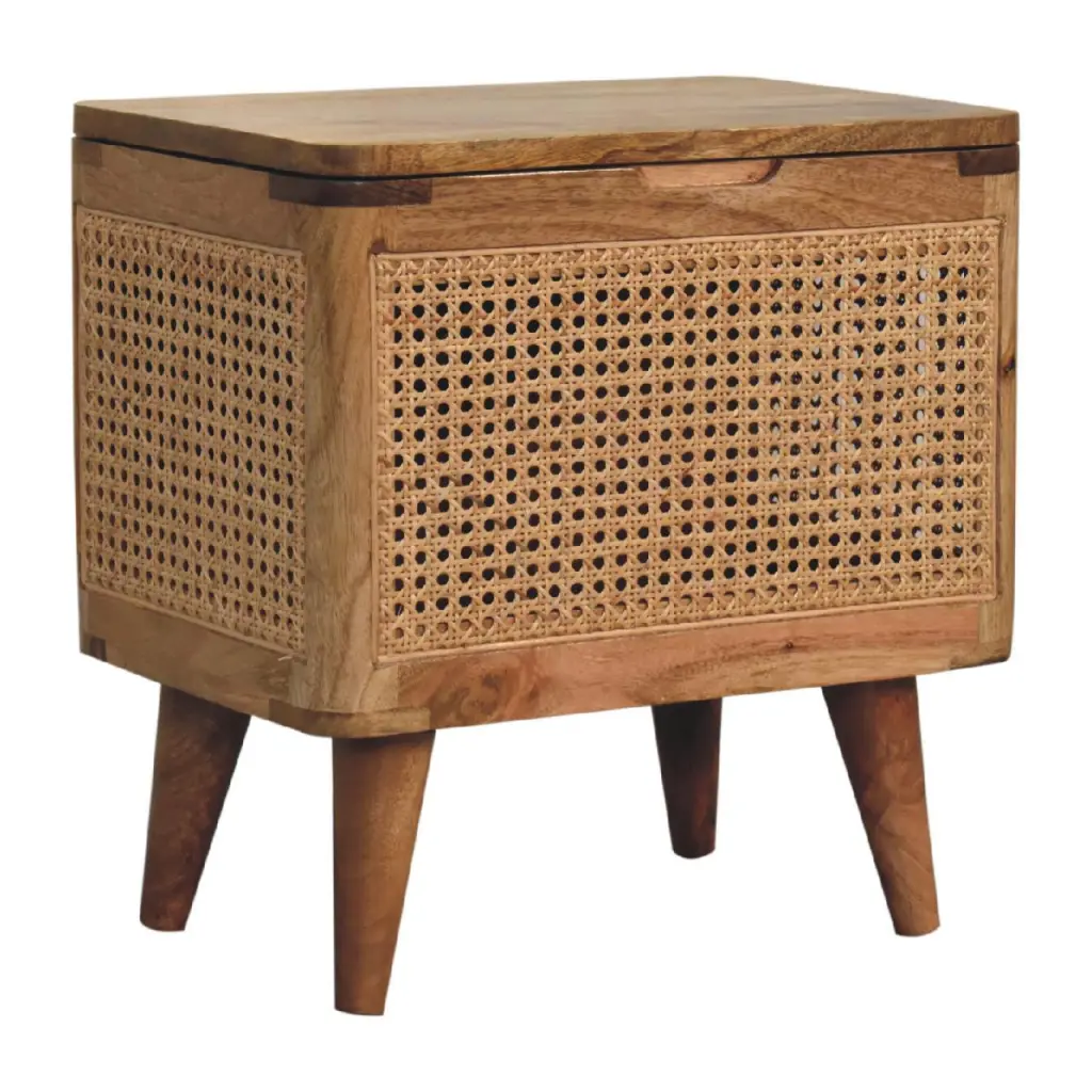 Larissa Lid Up Storage Stool Oak Wood and Rattan artisan furniture