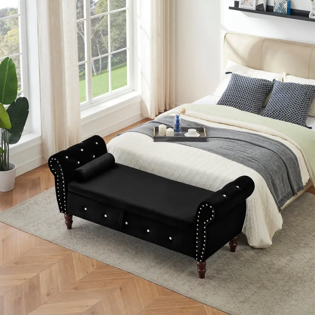 63.38 Inch Velvet Multifunctional Storage Rectangular Ottoman Bench Removable Top fj furniture