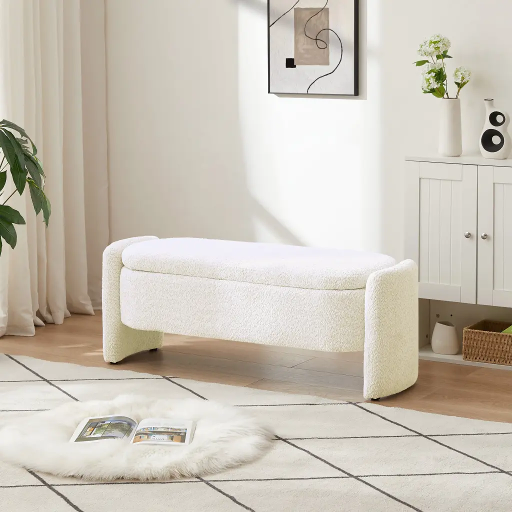 Ottoman Oval Storage Bench 3D Lamb Fleece Fabric Bench Large Storage fj furniture