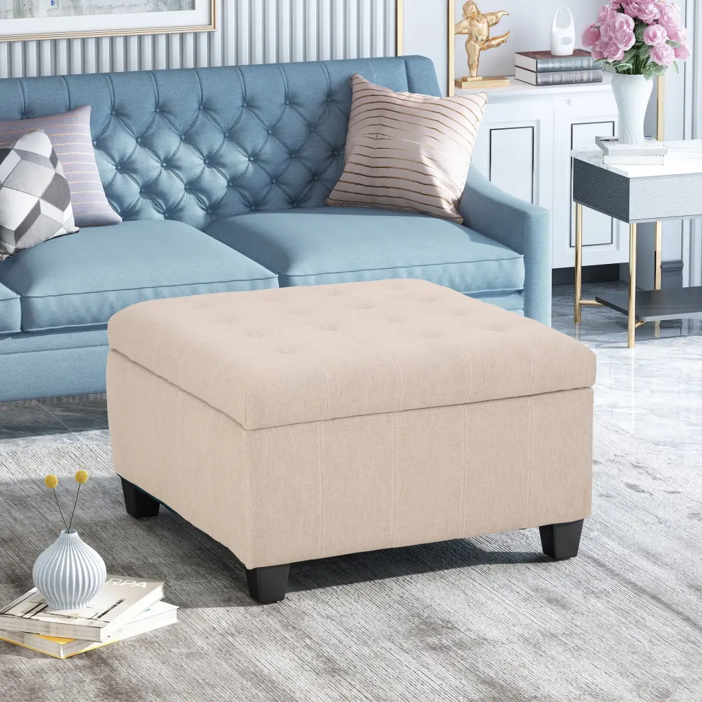 Isabella Ottoman Wheat Fabric Storage Ottoman Tufted Design nh-an