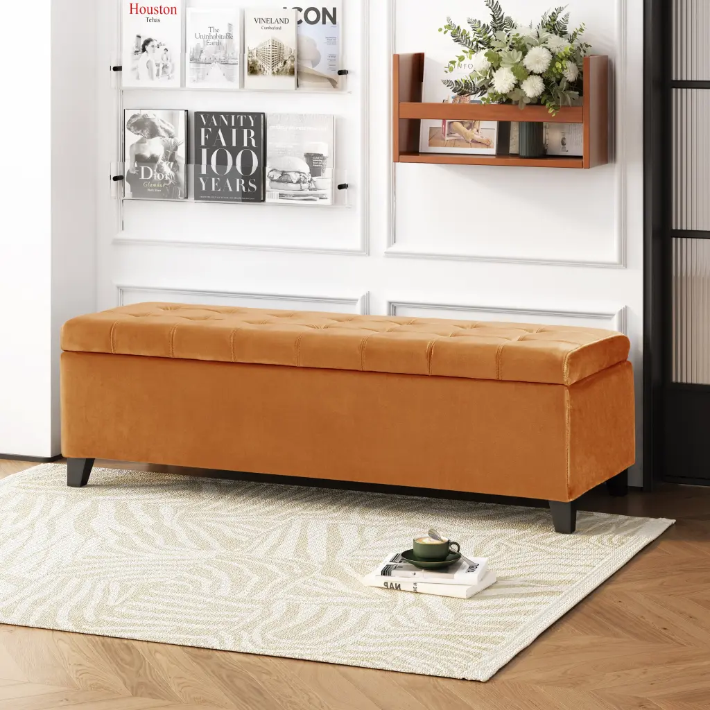 Burnt Orange Velvet Storage Ottoman - Versatile Home Decor Piece nh-sunfay