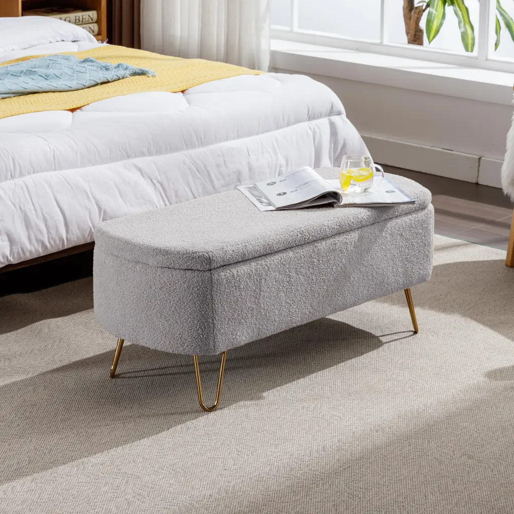 Grey Storage Ottoman Bench Modern Faux Leather Gold Legs End Bed zen zone