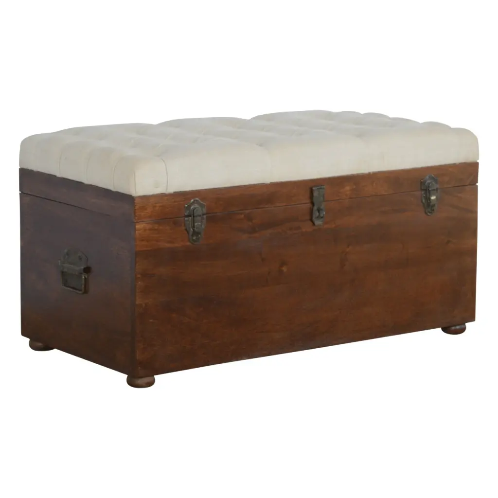 White Linen Storage Trunk Chestnut Foam Wood Fabric Decorative Chest artisan furniture