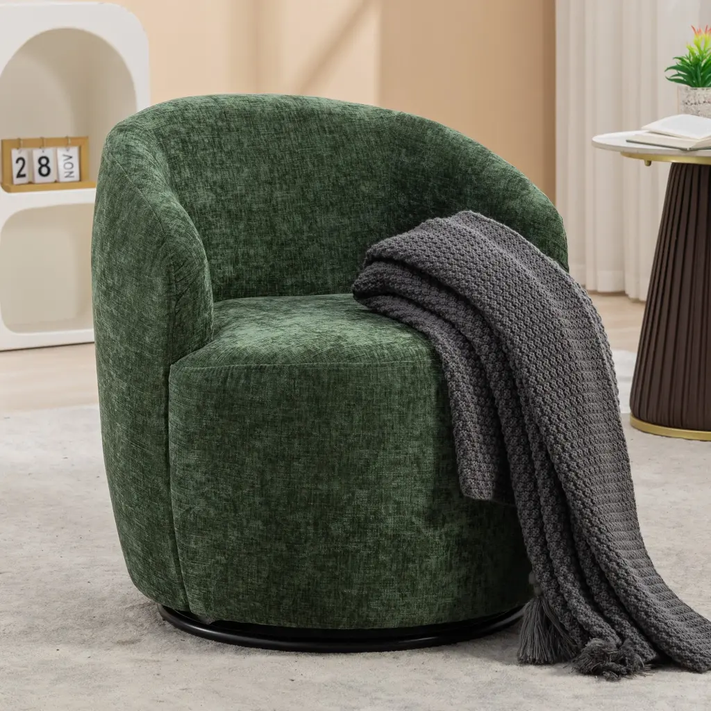 037 Chenille Fabric Swivel Accent Armchair Barrel Chair Black Powder Coated Base dg collection