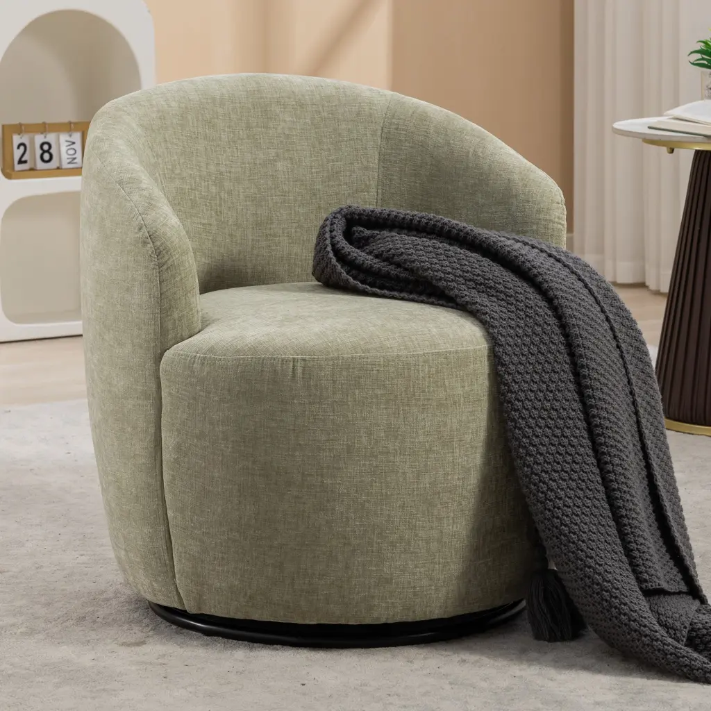 037 Chenille Fabric Swivel Accent Armchair Barrel Chair Black Powder Coated Base dg collection
