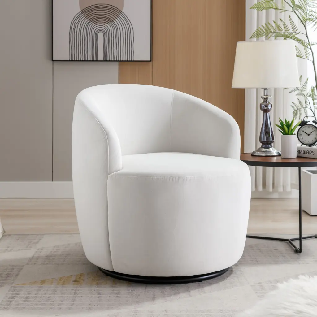 Velvet Fabric Swivel Accent Armchair Barrel Chair Black Powder Coat Base dg collection