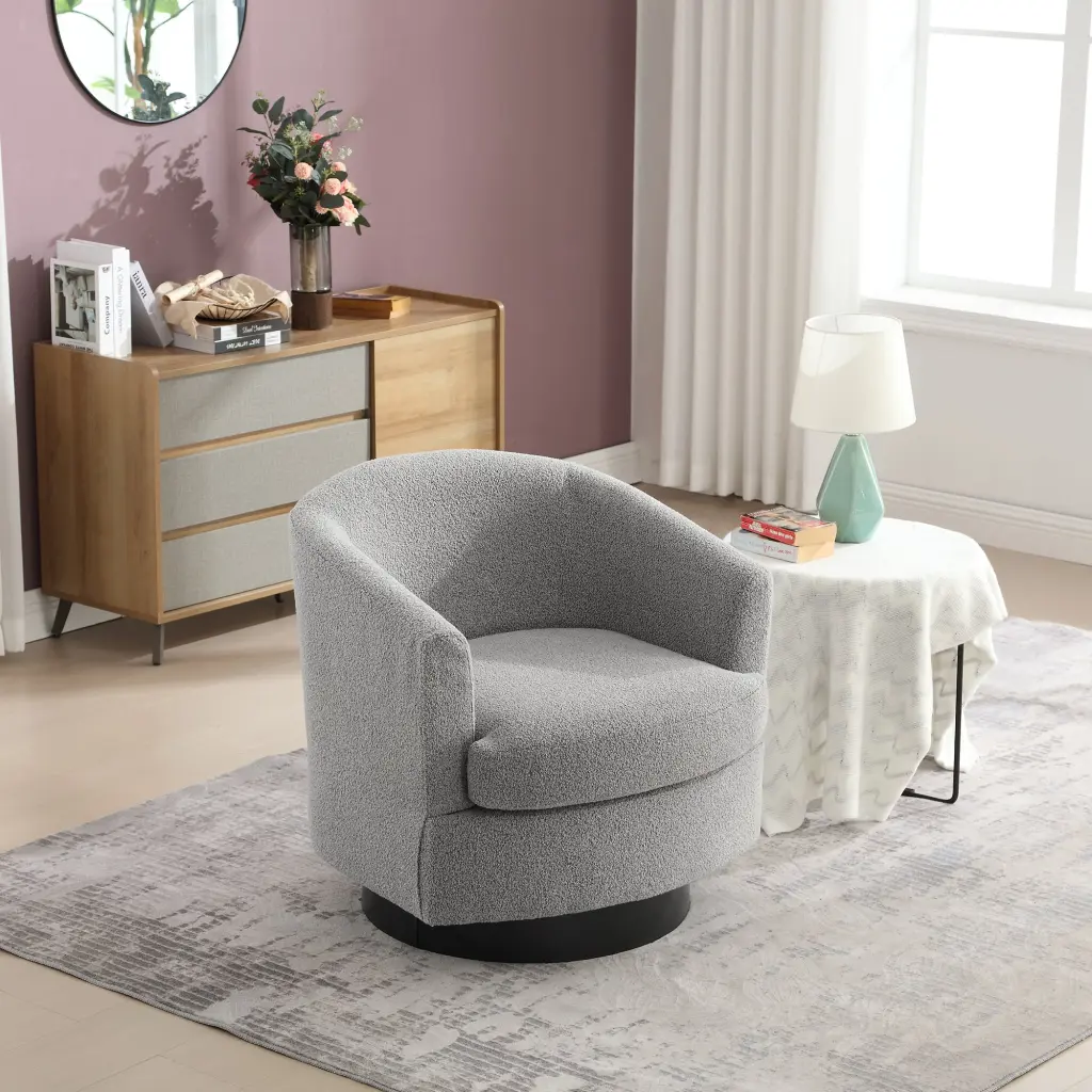 30.7 Inch Boucle Upholstered Swivel Round Barrel Chair Modern Living Room w1298