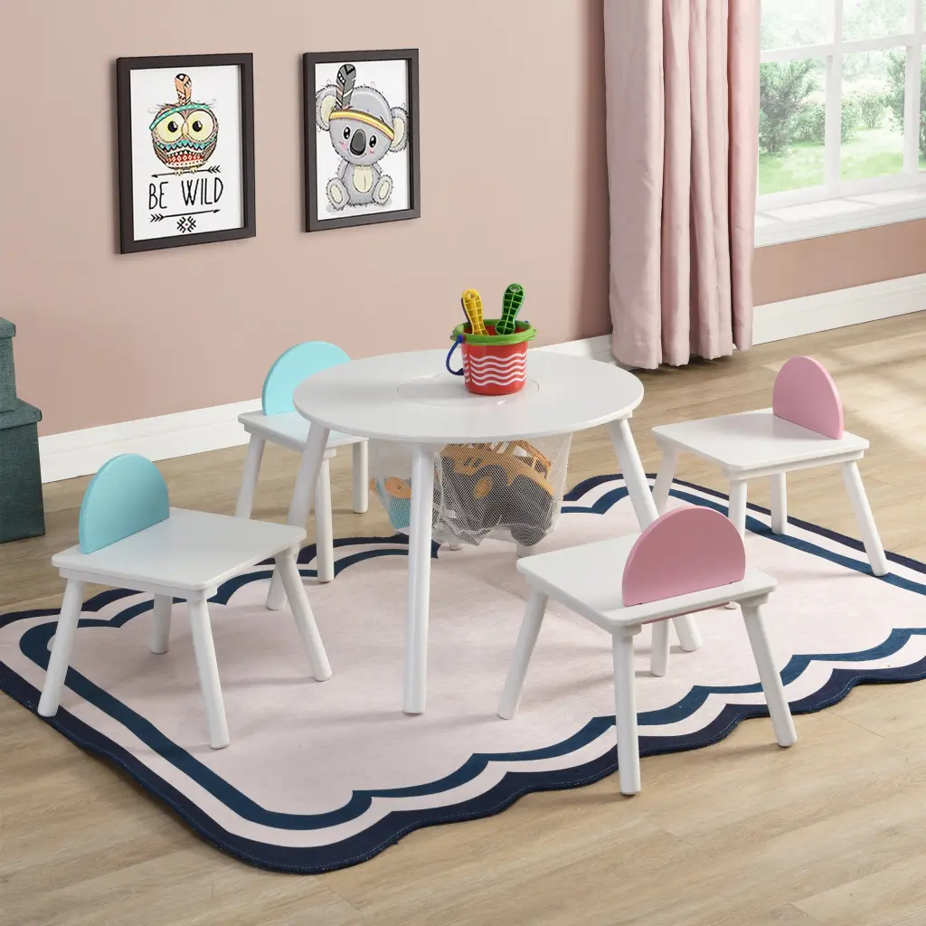 Children's Panel Table 4 Chairs White MDF Kids Furniture Set leisure home -jy