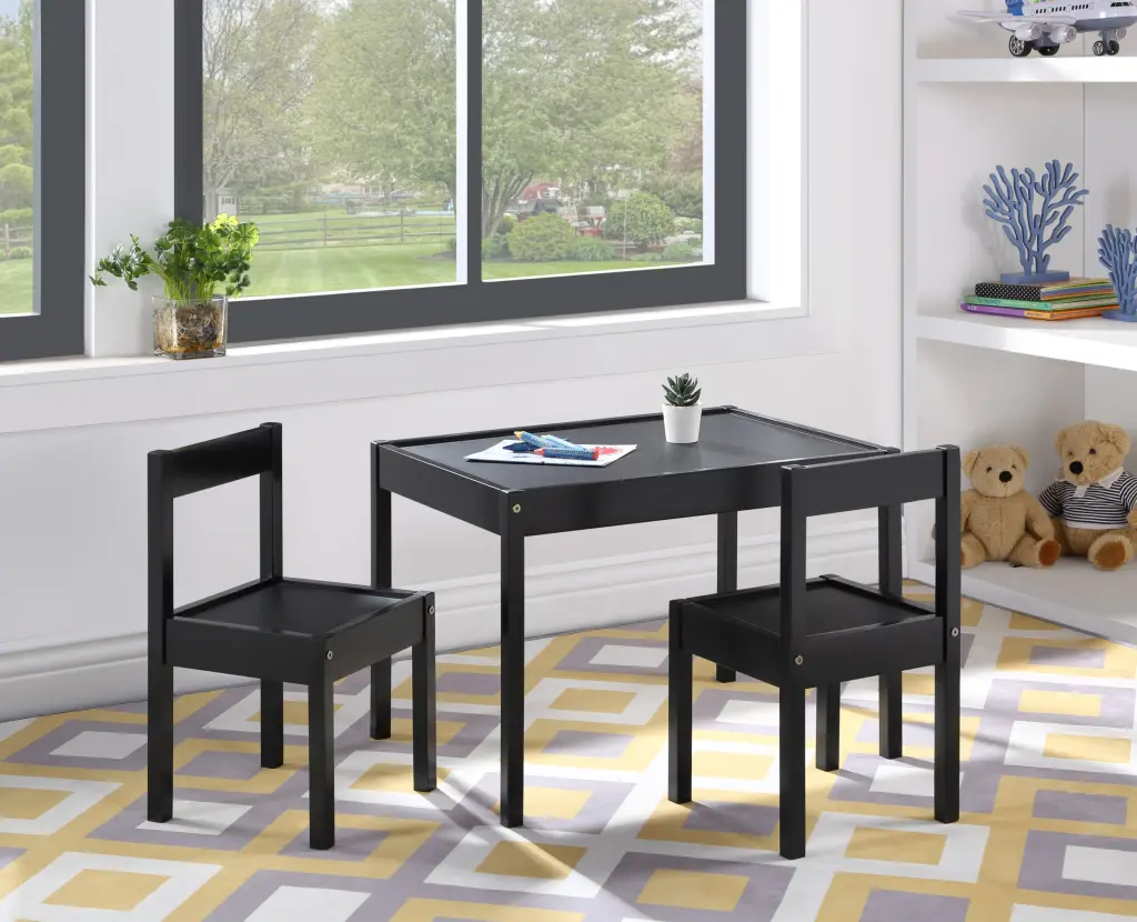 Della 3 Piece Solid Wood Kids Table & Two Chair Set, Black Rubberwood Children's Furniture simple living